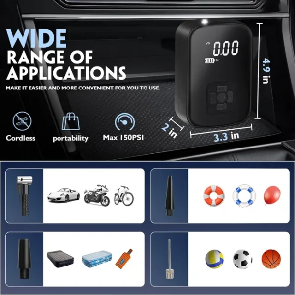 Compresseur à Air Portatif, Mini Pompe à Air Électrique 150PSI Pompe a Velo Electrique avec Écran LCD Numérique pour Moto, Voiture, Balle